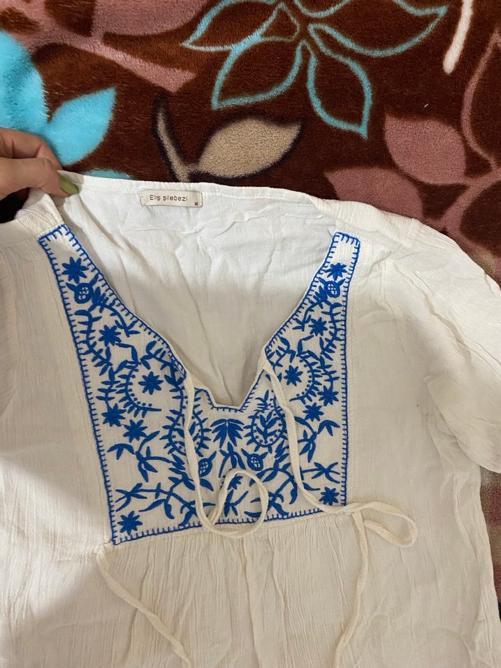 Nakışlı V Yaka Bohem Kadın elbise tunik - Görsel 3