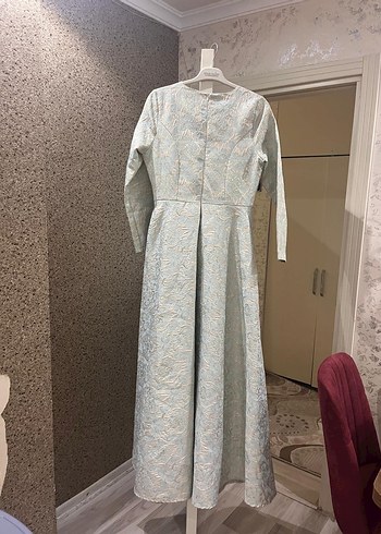 Uzun Kollu Gri Kadın Abiye Elbise - Görsel 7