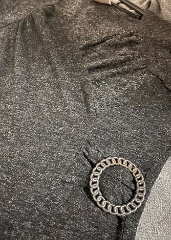 Gri V Yakalı Uzun Kollu Triko Elbise - Görsel 3