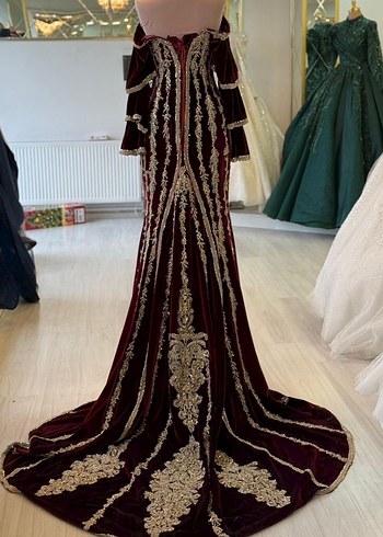 Bordo Nakışlı Uzun Kollu Kadın Bindallı/Kaftan Kına Elbisesi - Görsel 5