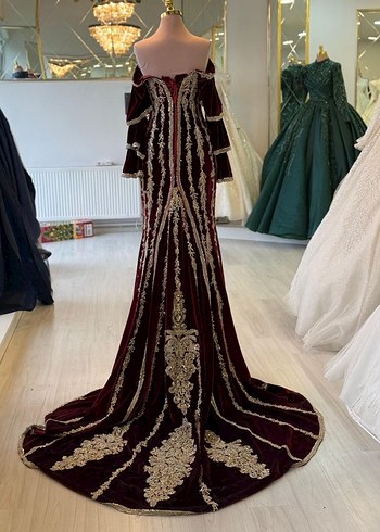 Bordo Nakışlı Uzun Kollu Kadın Bindallı/Kaftan Kına Elbisesi - Görsel 6