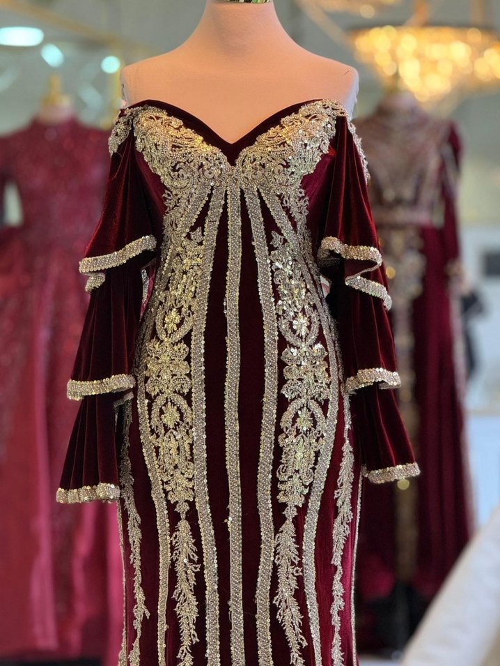 Bordo Nakışlı Uzun Kollu Kadın Bindallı/Kaftan Kına Elbisesi - Görsel 2