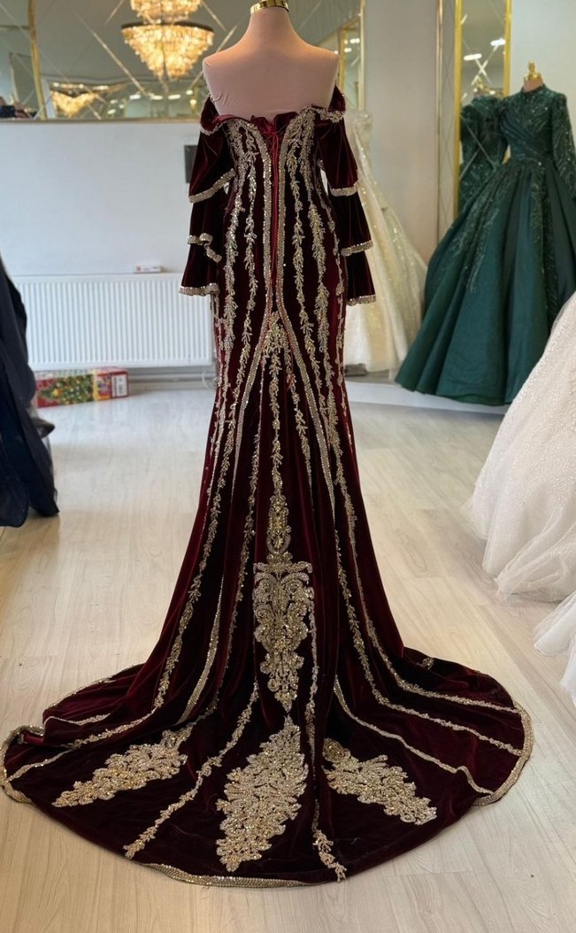 Bordo Nakışlı Uzun Kollu Kadın Bindallı/Kaftan Kına Elbisesi - Görsel 5