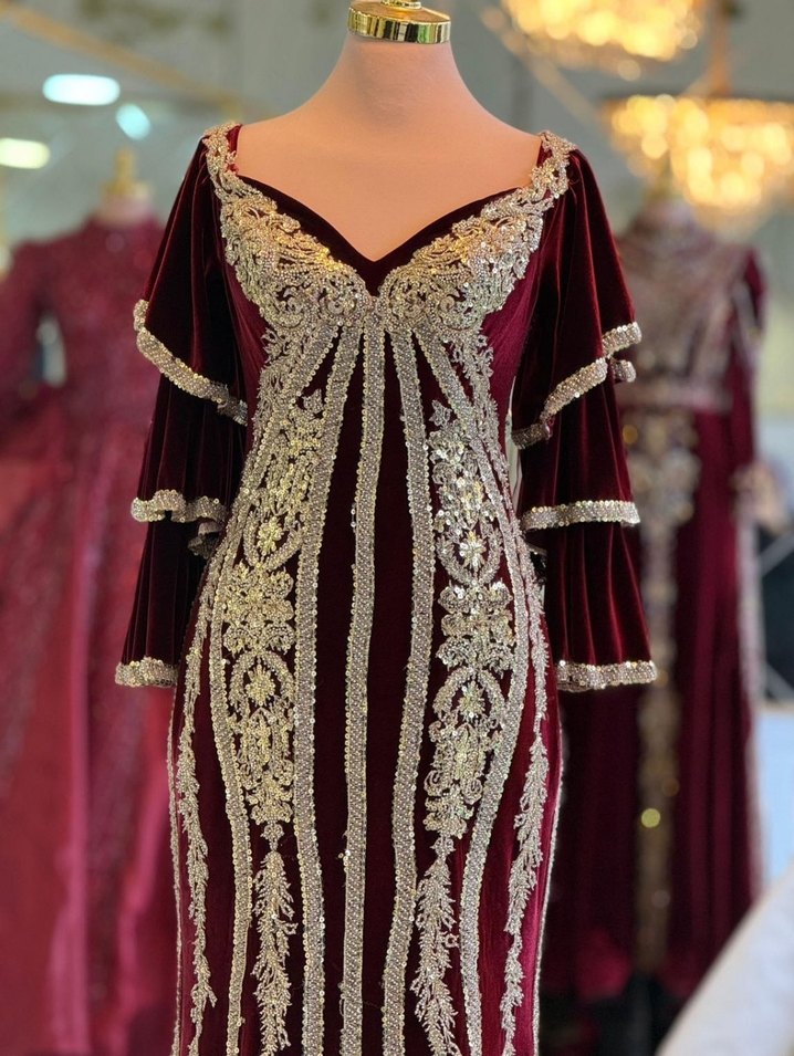 Bordo Nakışlı Uzun Kollu Kadın Bindallı/Kaftan Kına Elbisesi - Görsel 4