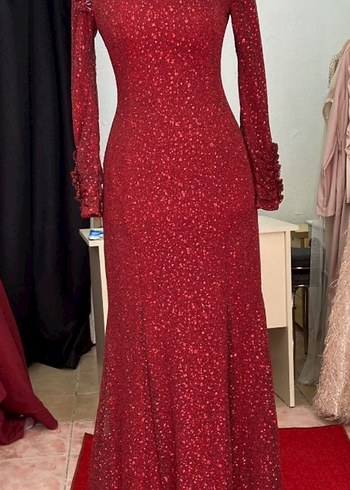 Bordo Uzun Kollu Simli Abiye Elbise - Görsel 2