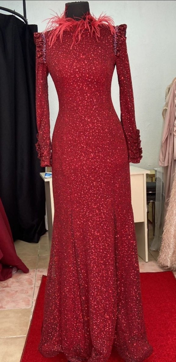 Bordo Uzun Kollu Simli Abiye Elbise - Görsel 2