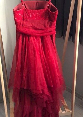 Kırmızı Uzun Drapeli V Yaka Abiye Elbise - Görsel 3