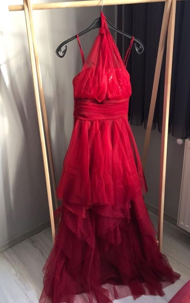 Kırmızı Uzun Drapeli V Yaka Abiye Elbise - Görsel 2