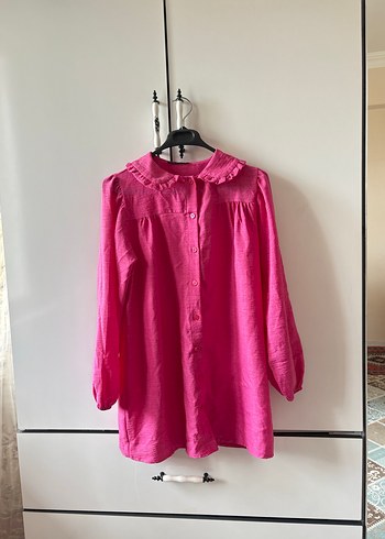Düğmeli Pembe Keten Uzun Kollu Gömlek