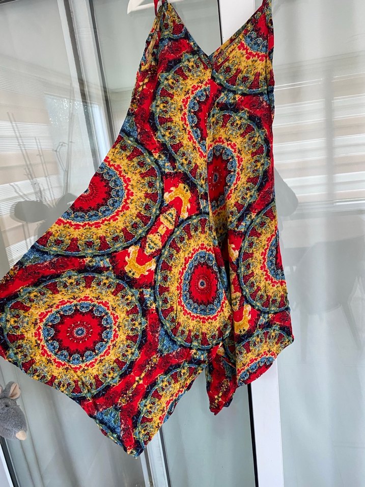 Renkli V Yakalı Şalvar Tarz Tulum - Görsel 2