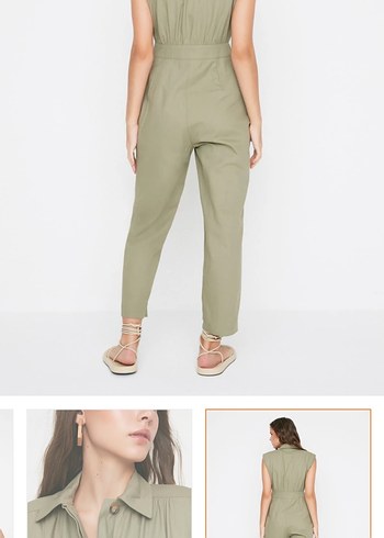 Kadın Haki Keten Midi Tulum - Görsel 4