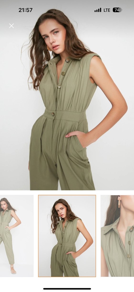 Kadın Haki Keten Midi Tulum - Görsel 2