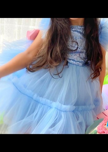 Mavi Fırfırlı Çocuk Abiye Elbise - Görsel 2