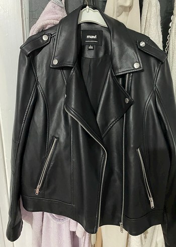 Mavi Siyah Deri Biker Ceket