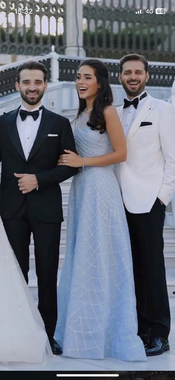 Mavi Uzun Drapeli Straplez Nişan Elbisesi - Görsel 2