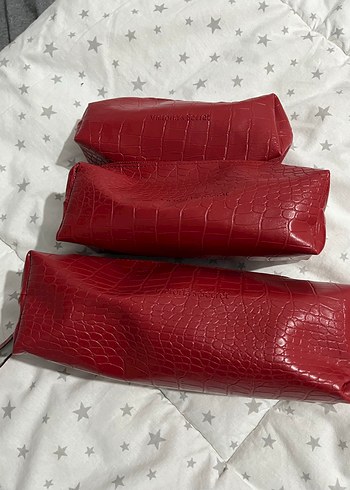 Kırmızı Deri Yılan Desenli Makyaj Çantası - Görsel 4