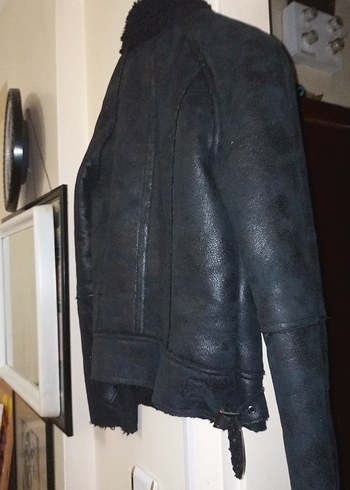 Kadın Siyah Deri Kürklü Biker Ceket - Görsel 7