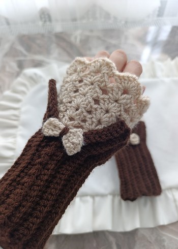Bohem Tarz Kahverengi Örgü Kadın Eldiven - Görsel 2