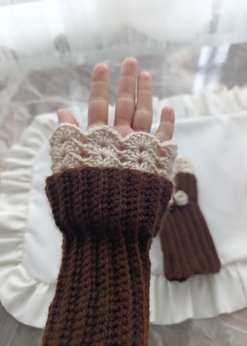 Bohem Tarz Kahverengi Örgü Kadın Eldiven - Görsel 3