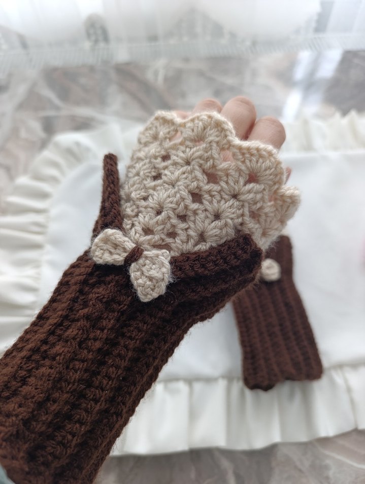 Bohem Tarz Kahverengi Örgü Kadın Eldiven - Görsel 2