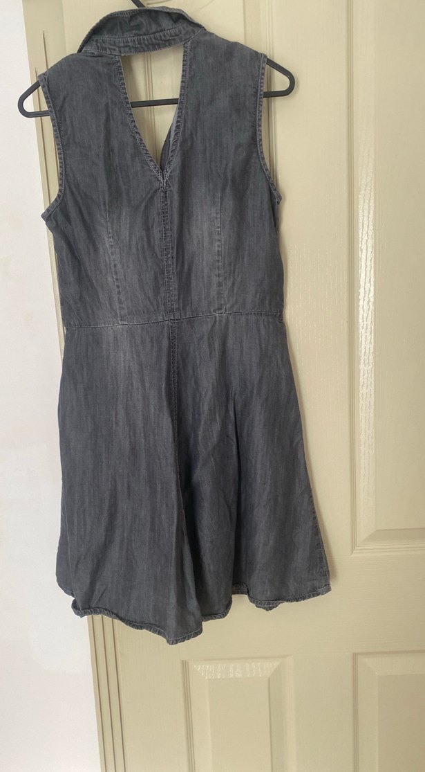 Gri Midi Kot Elbise Fermuarlı V Yaka - Görsel 3