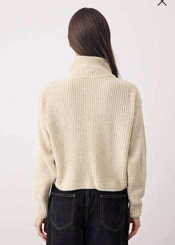 Bej Yarım Fermuarlı Örgü Kadın Kazak - Görsel 3