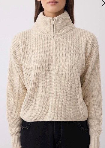 Bej Yarım Fermuarlı Örgü Kadın Kazak - Görsel 2