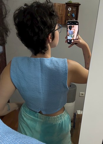 38 Beden mavi Renk Düğmeli Mavi Kadın Crop Yelek