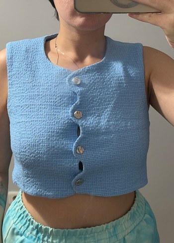 Koton Düğmeli Mavi Kadın Crop Yelek