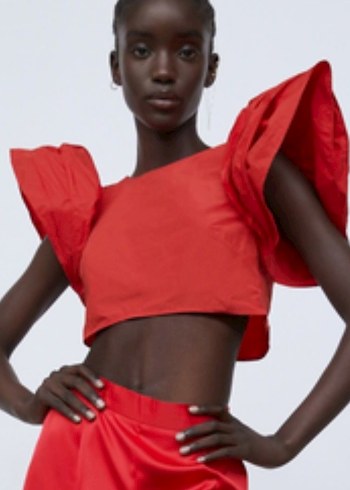 Kırmızı V Yaka Kısa Kol Fırfırlı Bluz - Görsel 2