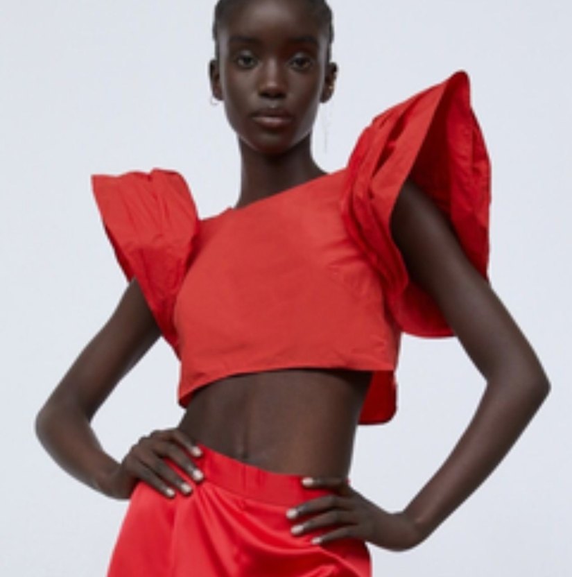 Kırmızı V Yaka Kısa Kol Fırfırlı Bluz - Görsel 2