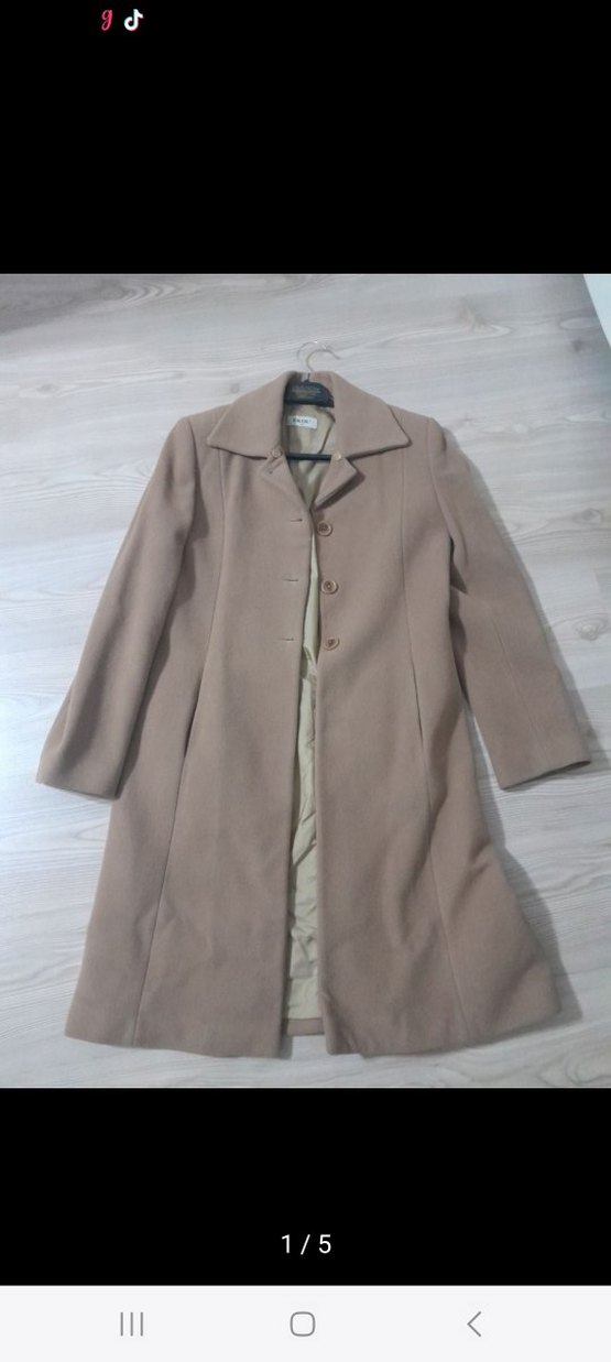 Düğmeli Bej Kadın Uzun Kaban - Görsel 4