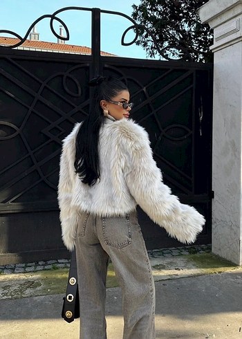 universal Beden Gri Zebra Desenli Midi Suni Kürk Ceket