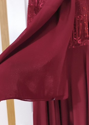 Bordo Uzun Kollu Drapeli Kadın Abiye Elbise - Görsel 2