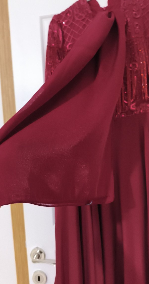 Bordo Uzun Kollu Drapeli Kadın Abiye Elbise - Görsel 2