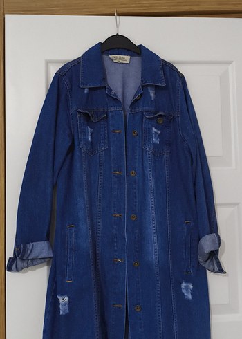 Uzun Mavi Düğmeli Kadın Denim Ceket - Görsel 2