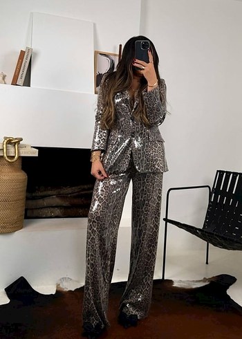 xl Beden Leopar Payetli Pantolon Siyah