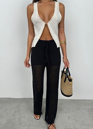 Tünel Detay Siyah Örgü Pantolon - Görsel 2