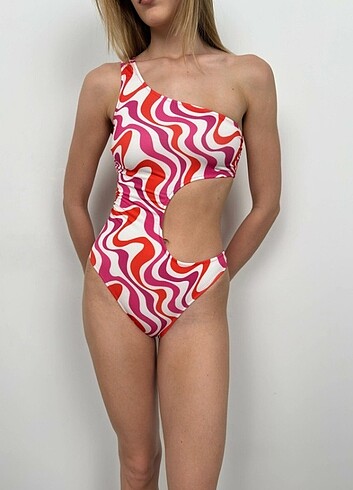 Tek Omuz Desenli Pembe Mayokini - Görsel 2