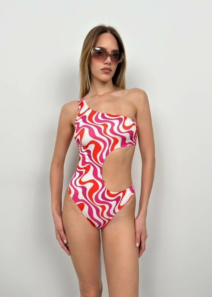 Tek Omuz Desenli Pembe Mayokini - Görsel 3