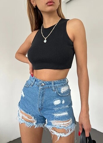 Diğer BuYıkamalı Lazer Yırtıklı Mini Denim Şort