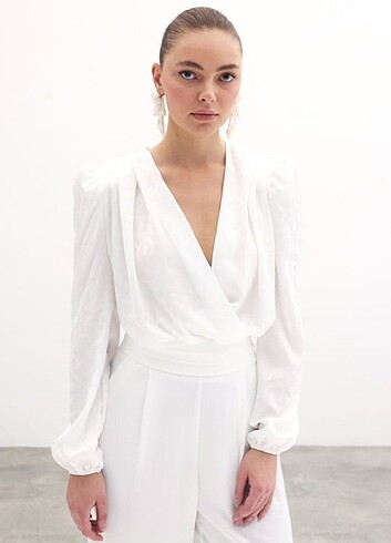Kruvaze Desenli Bodysuit Bluz - Ekru