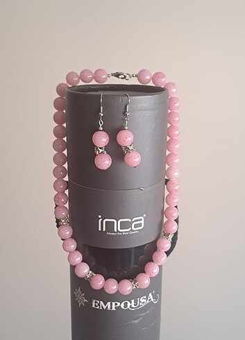 Pembe taş kolge küpe set