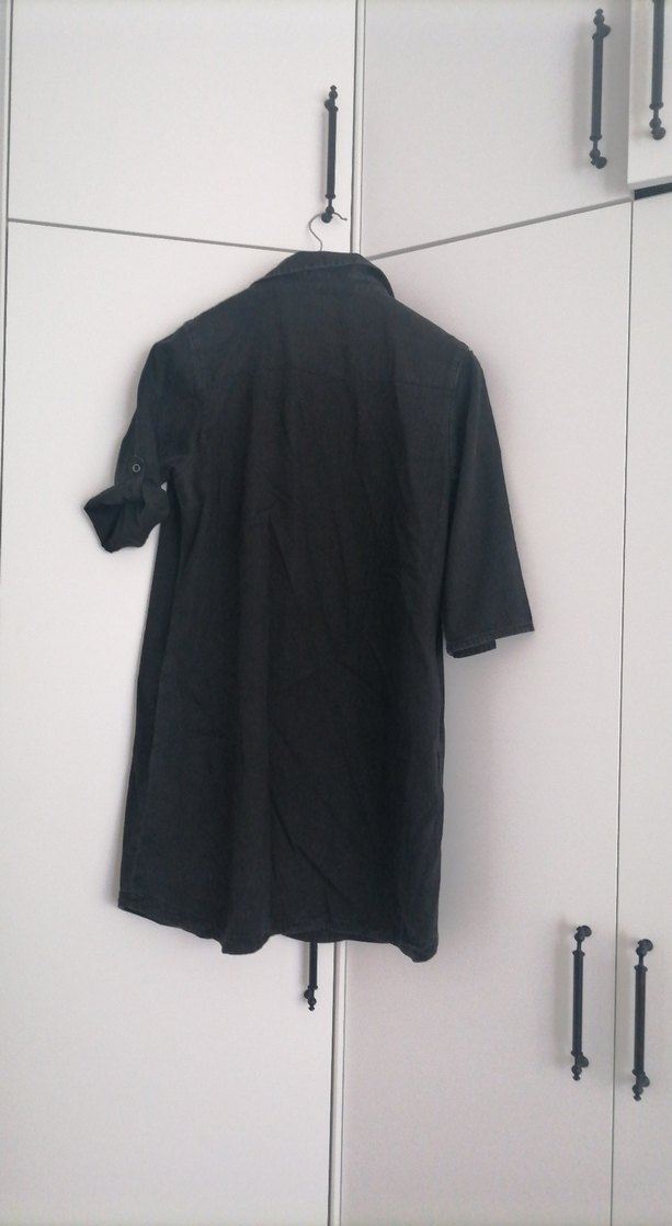 Siyah Kot Midi Gömlek Elbise - Görsel 2