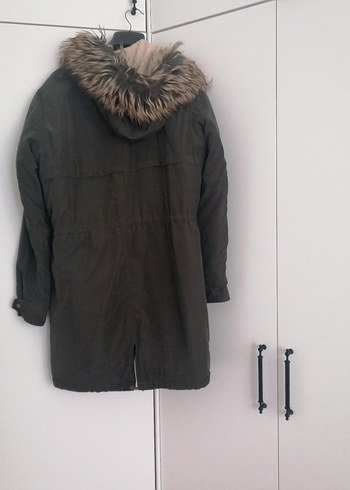 Uzun yeşil Kadın Mont Kürklü Kapüşonlu - Görsel 2