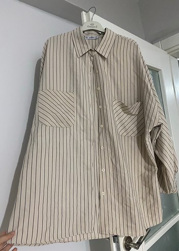 Bej Çizgili Keten Oversize Kadın Gömlek