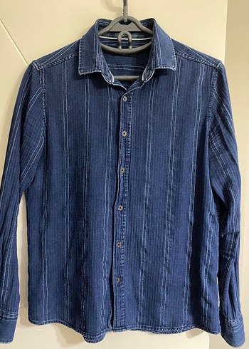 Düğmeli Mavi Denim Erkek Gömlek - Görsel 3