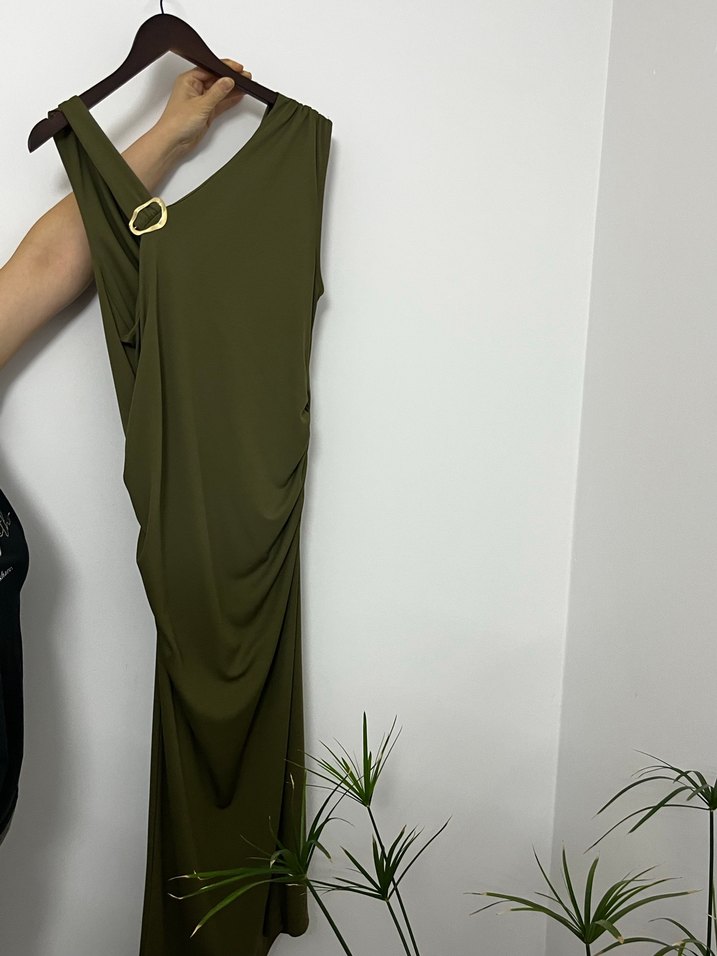 Askılı Drapeli Uzun Kadın Elbise - Haki - Görsel 3