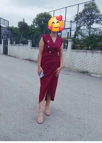 Bordo V Yaka Drapeli Uzun Elbise