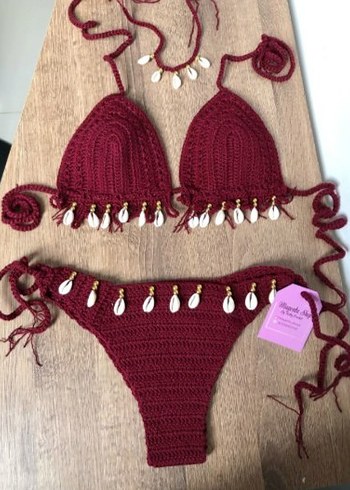 Bordo Örgü Bohem Bikini Takımı